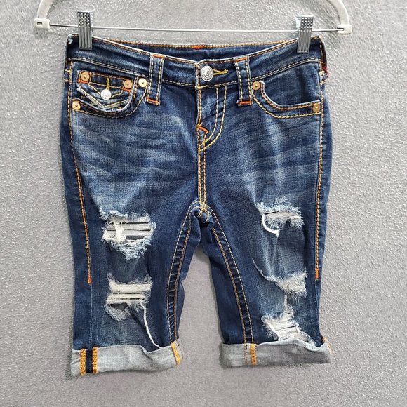 True Religion Riley Women Jean Shorts 26 Blue‎ Denim Knee Length Distressed Logo - Picture 1 of 9
